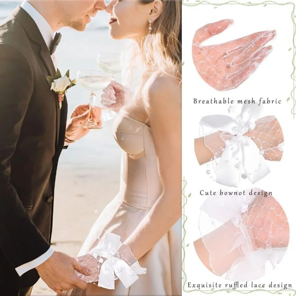 Women's Crystal Satin Bow Wrist White Gloves Short Length Wedding Accessories